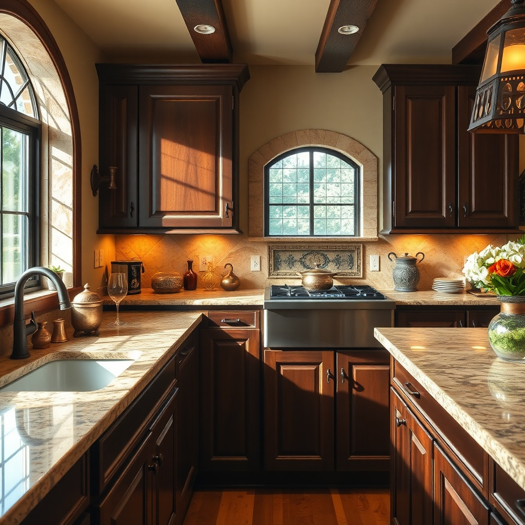 Walnut-Cabinet-Granite-Pairings-Dark-Walnut-Giallo-Ornamental-Granite